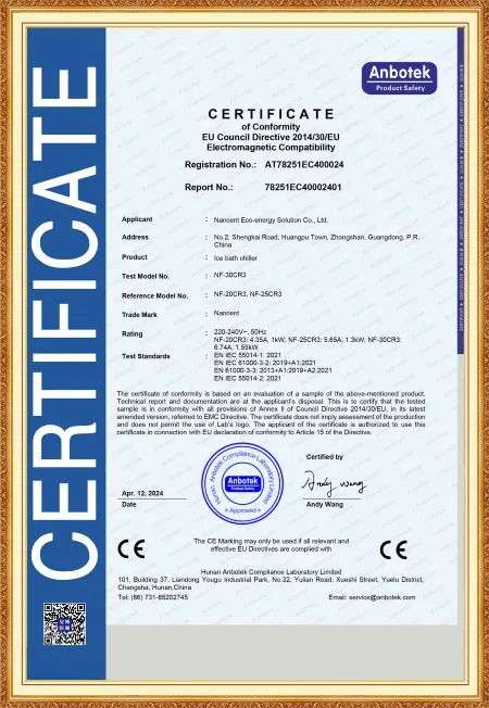 Certification CE EMC pour refroidisseur de bain de glace